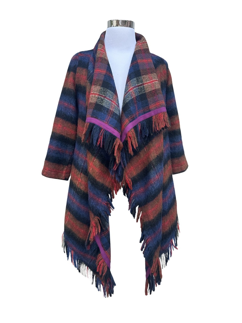 Anthropologie Hei Hei Navy & Rust Plaid Fringe Open-Front Poncho